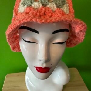 Crocheted Granny Square Bucket Hat - Coral/Sage image