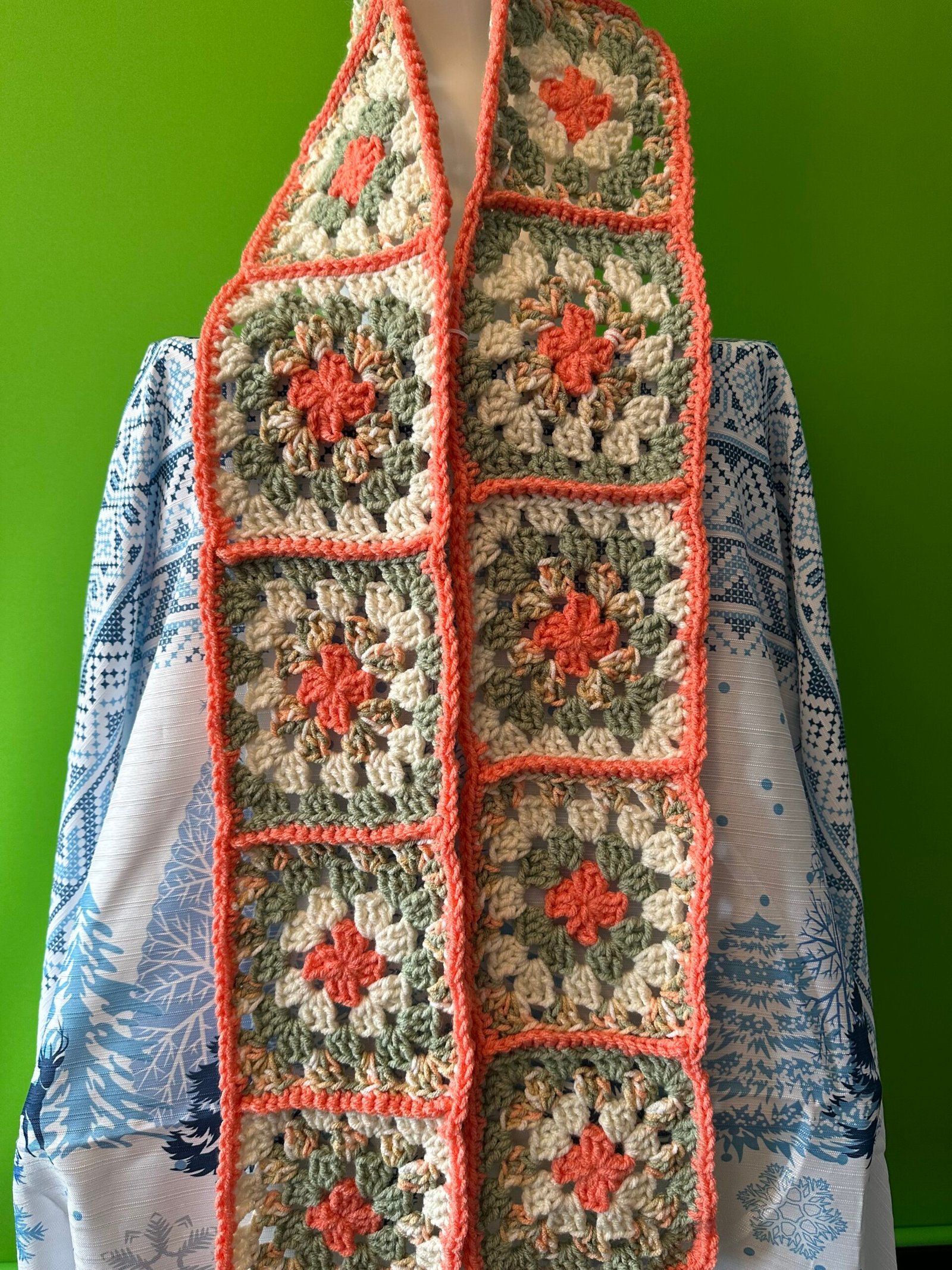 Crocheted Granny Square Scarf Coral image